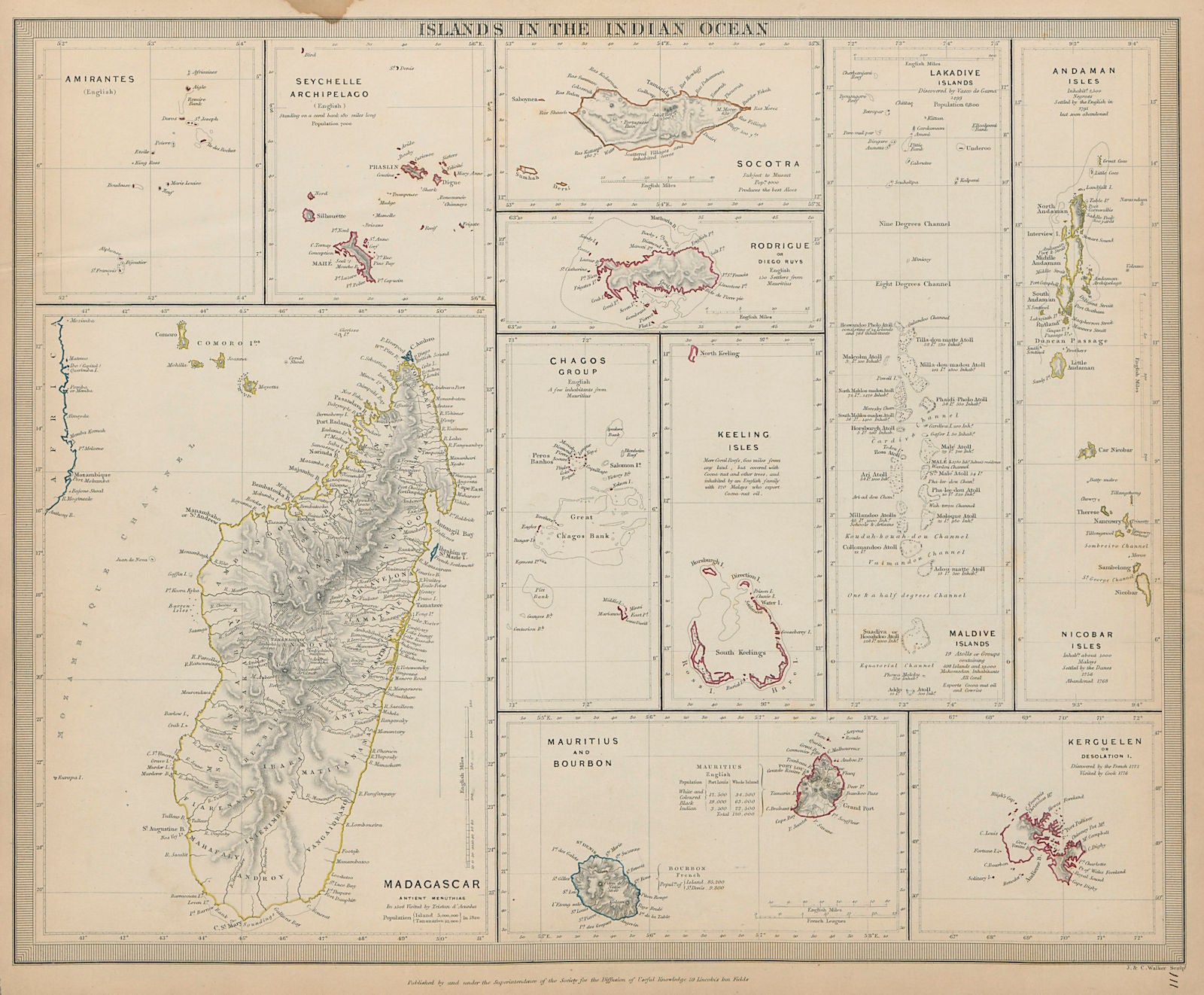 INDIAN OCEAN Madagascar Maldives Seychelles Mauritius Réunion SDUK 1844 map